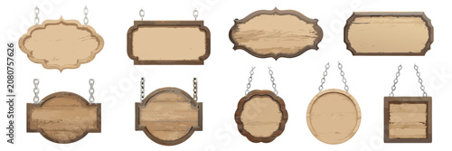 A set of elegant light wood hanging signboards with decorative dark borders suspended by metallic chains.