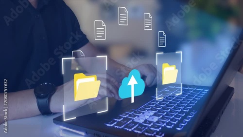 Cloud upload concept. cloud storage and file transfer icons, online data backup, secure document upload and digital storage technology.