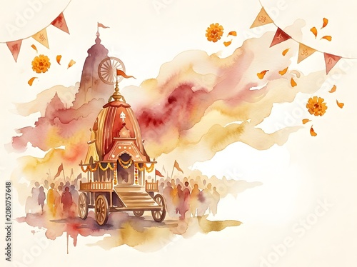 Watercolor illustration of chariot procession with traditional temple festival elements.