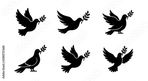 Foto Peace dove silhouettes with olive branch, set of 6 flying bird icons, black pige