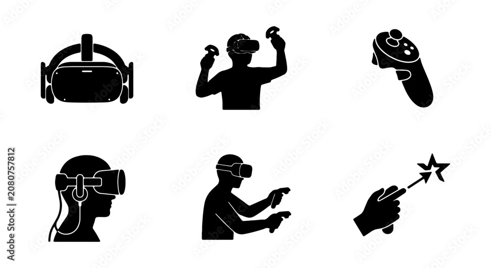 Fototapeta premium Virtual Reality Icons Set, VR Headset, Gaming Controller, Future Technology, Immersive Entertainment