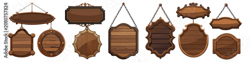 A collection of vintage wooden signs and hanging banners in various rustic shapes. This set features dark wood textures with classic, decorative frames perfect for retro storefronts or game assets.