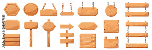 A comprehensive collection of bright, minimalist wooden signs including hanging plaques, direction pointers, and ground posts.