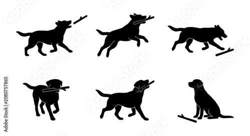 Konstfotografi Dog Silhouette Set, Labrador Retriever Poses, Fetching Stick, Playful Canine Act