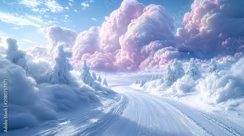 Snow Covered Trees and Road Under Pink Clouds in Winter Landscape