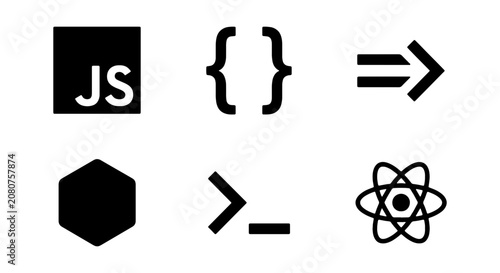Schilderij op canvas JavaScript and React Icons, Coding Symbols, Programming Elements, Web Developmen