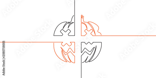 A spooky Halloween pumpkin split into four. Lone art continue. vector illustration