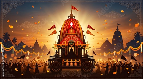 Festive chariot procession at sunset with traditional temple architecture silhouettes.