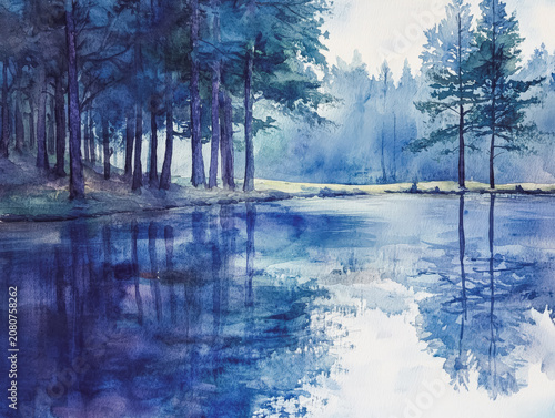 Serene Forest Lake in Watercolor Landscape Painting