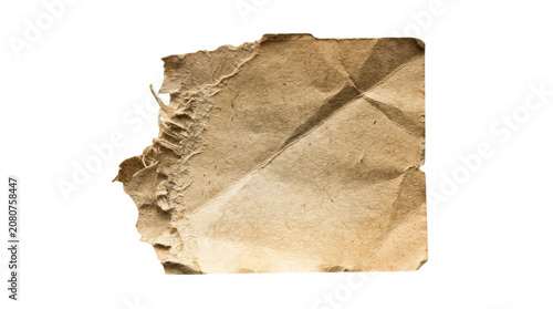 Torn and crumpled brown paper on isolated transparent background