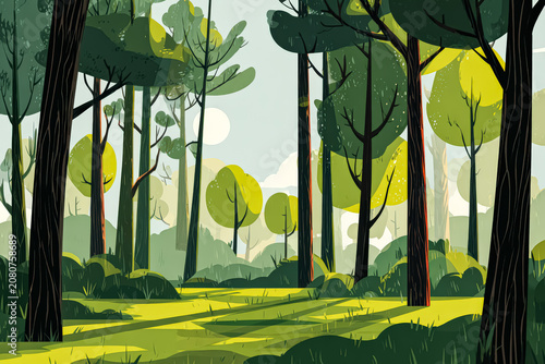 Lush Forest Landscape with Sunlight Filtering Through Trees