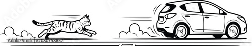 Fotografie Cartoon line drawing of a cat chasing after a moving car on the road with illust