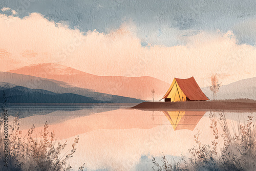 Tent by Serene Lake at Sunrise with Mountains