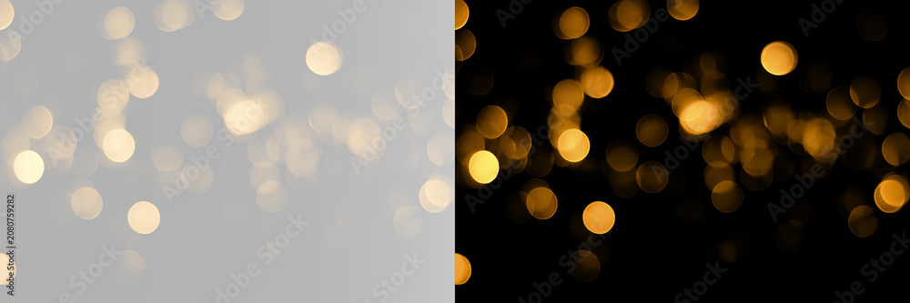 Fototapeta premium Golden glowing festive decoration lights with soft blur bokeh sparkle and glitter dust overlay png