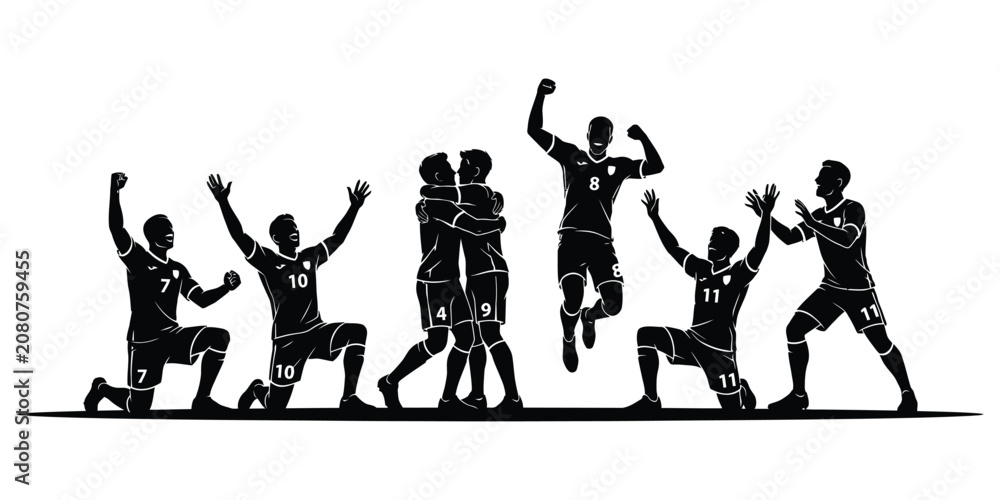Obraz premium Soccer Celebration Team Silhouette Vector with Players Cheering, Hugging and Jumping After Victory Isolated on White Background
