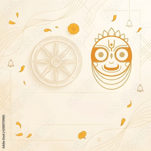 Simple jagannath minimalist illustration with dharma chakra and marigold flower petals.