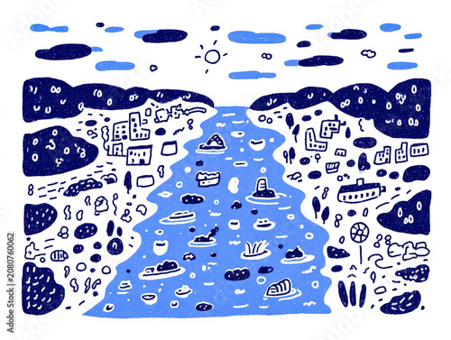 Polluted River with Visible Trash in Abstract Illustration