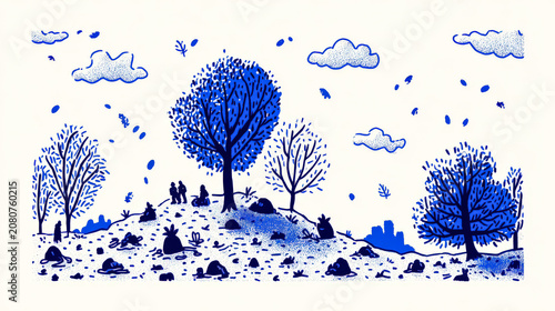 Autumn Park Illustration with Blue Trees and Falling Leaves