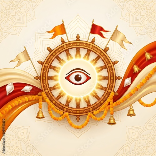 Divine chariot wheel illustration with decorative elements for cultural festival background.