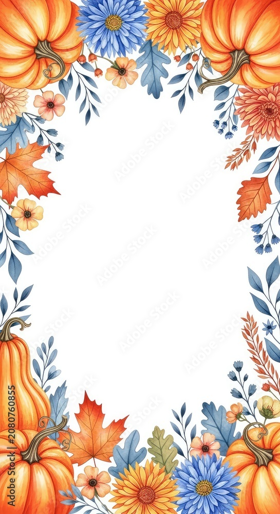 Fototapeta premium Elegant watercolor autumn border featuring painted pumpkins, delicate flowers, and foliage in warm orange and sophisticated cool blue tones, gentle, soft, botanical