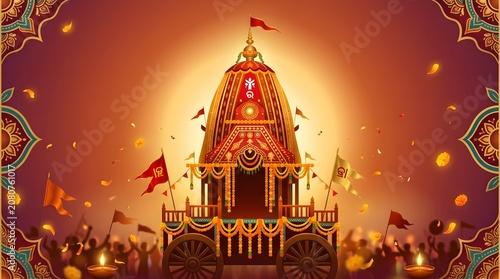 Detailed wooden temple chariot illuminated in sunset glow with festive cultural motifs.