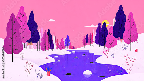 Frozen Winter Forest with Partially Frozen River in Vibrant Colors