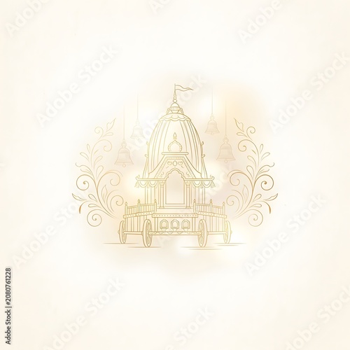 Ornate golden chariot illustration with bells and floral design on white background.