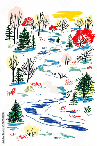 Winter Woodland Scene with Clear River and Snowy Landscape