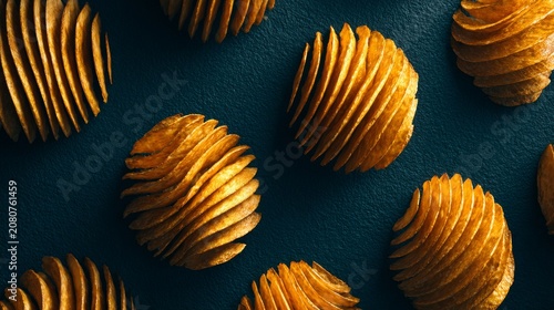 Intricate Arrangement of Crisp Potato Chips on Dark Surface