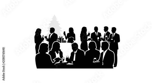 Black silhouette group of business professionals socializing at a corporate cocktail networking event.