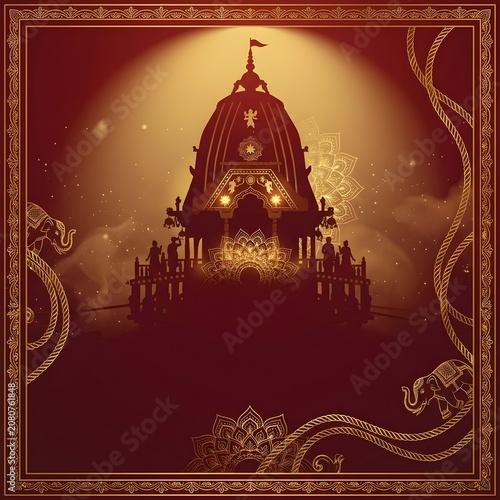 Silhouette of ornate chariot against a glowing mandala and festive golden background.