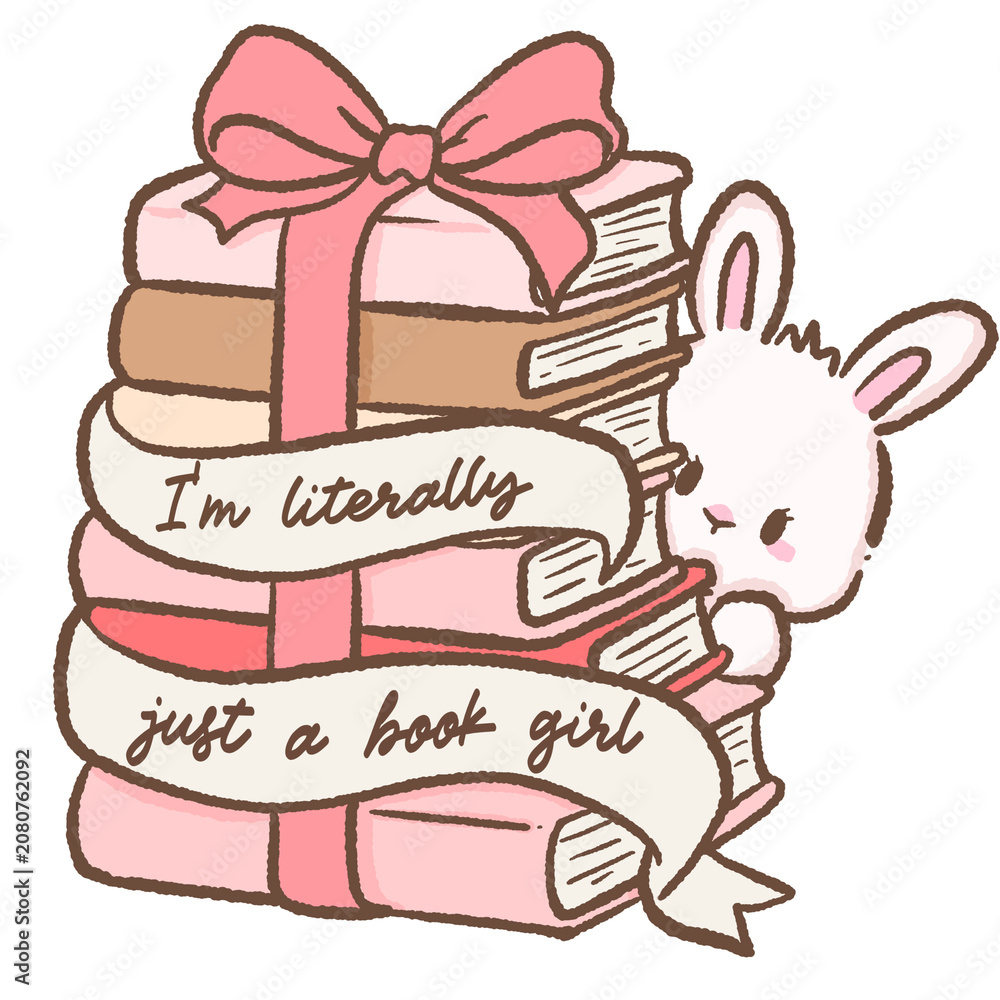 Obraz premium Cute Bookish Bunny Peeking Behind a Gift Wrapped Stack of Romance Books I'm Literally Just a Book Girl Digital Clipart