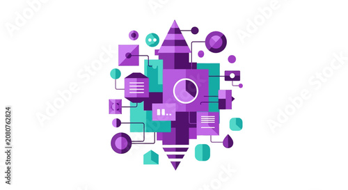 Abstract Data Analytics Rocket Infographic Representing Startup Growth, Business Intelligence, and Digital Transformation in Purple and Teal Colors