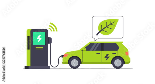 Green Electric Car Charging at EV Station Vector Illustration - Sustainable Eco-Friendly Transportation and Clean Energy Concept