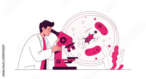 Scientist Using Microscope to Research Nanotechnology and Bacteria, Future Medicine and Biotechnology Laboratory Concept Vector Illustration