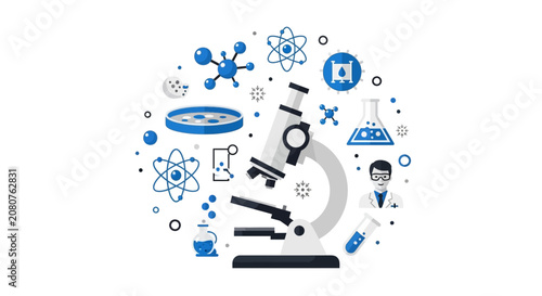 Science Laboratory Research Concept Illustration with Microscope and Biotech Icons