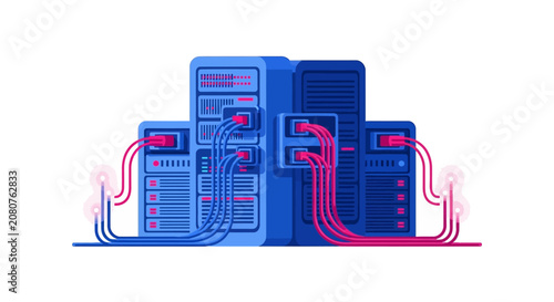 Modern Data Center Server Rack Illustration with Fiber Optic Cables. Isometric Network Infrastructure for Cloud Computing and Big Data Storage Concept on White Background.