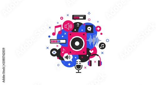 Abstract Audio and Sound Design Illustration for Podcasting, Streaming, and Music Production with Speaker, Headphones, and Microphone Icons