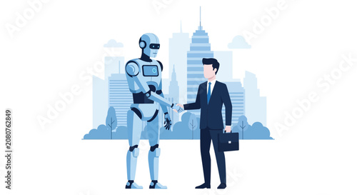 Future of Business and Artificial Intelligence Concept - Human Businessman and Robot Shaking Hands in Modern Cityscape Vector Illustration