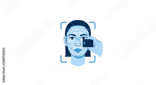 Facial Recognition and Biometric Security Technology Concept - Vector Illustration of Woman's Face Scanning with ID Verification and Digital Mesh