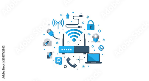 Flat Network Technology Icons Concept with Wireless Router, Laptop, and Internet Connectivity Symbols on White Background