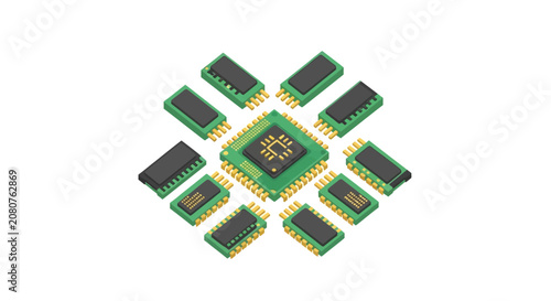 3D Isometric Microchip and CPU Concept with Surrounding Integrated Circuits and Electronic Components on White Background