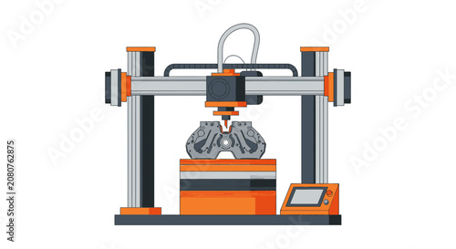 Industrial 3D Printer Vector Illustration: Additive Manufacturing and Rapid Prototyping of Mechanical Engine Part for Modern Engineering and Industry 4.0