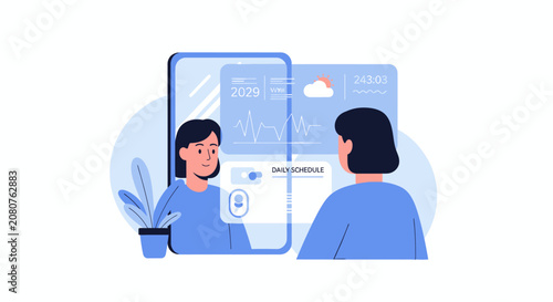 Futuristic Smart Mirror Illustration with Woman Using Digital Health Dashboard and Daily Schedule