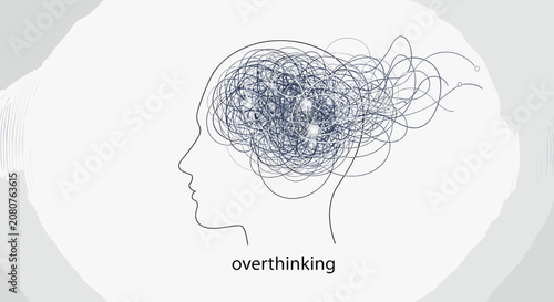 Konstfotografi Conceptual illustration of a human head silhouette filled with tangled scribbles representing overthinking and mental stress