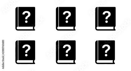 Minimalist book icons with question marks, set of 6 mystery book vectors, black manual symbols