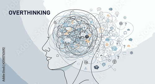 Konstfotografi Conceptual illustration of a human head with a tangled mess of thoughts representing overthinking and mental stress