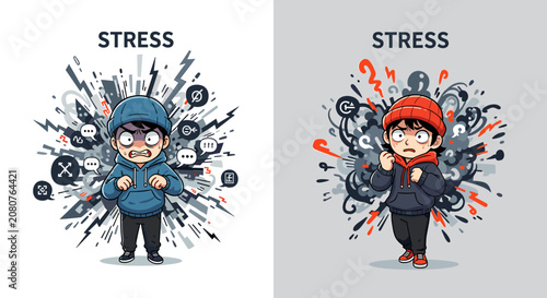 Billede på lærred Cartoon illustration of stressed young people experiencing anxiety and mental pressure