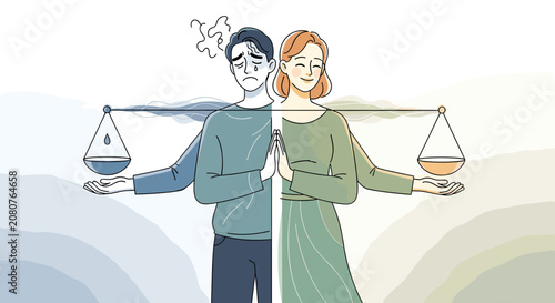 Obraz na plátně Conceptual illustration showing the balance between sadness and happiness in human emotions