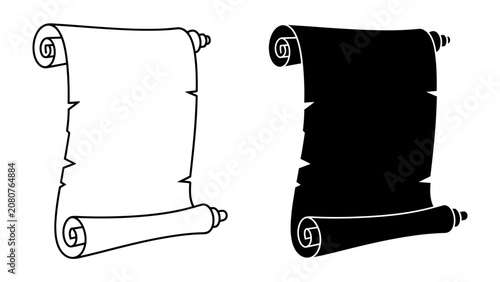 Bild auf Leinwand Scroll Icons: Two ancient scrolls, one detailed outline and the other a solid silhouette, ready to unfurl secrets or display important messages